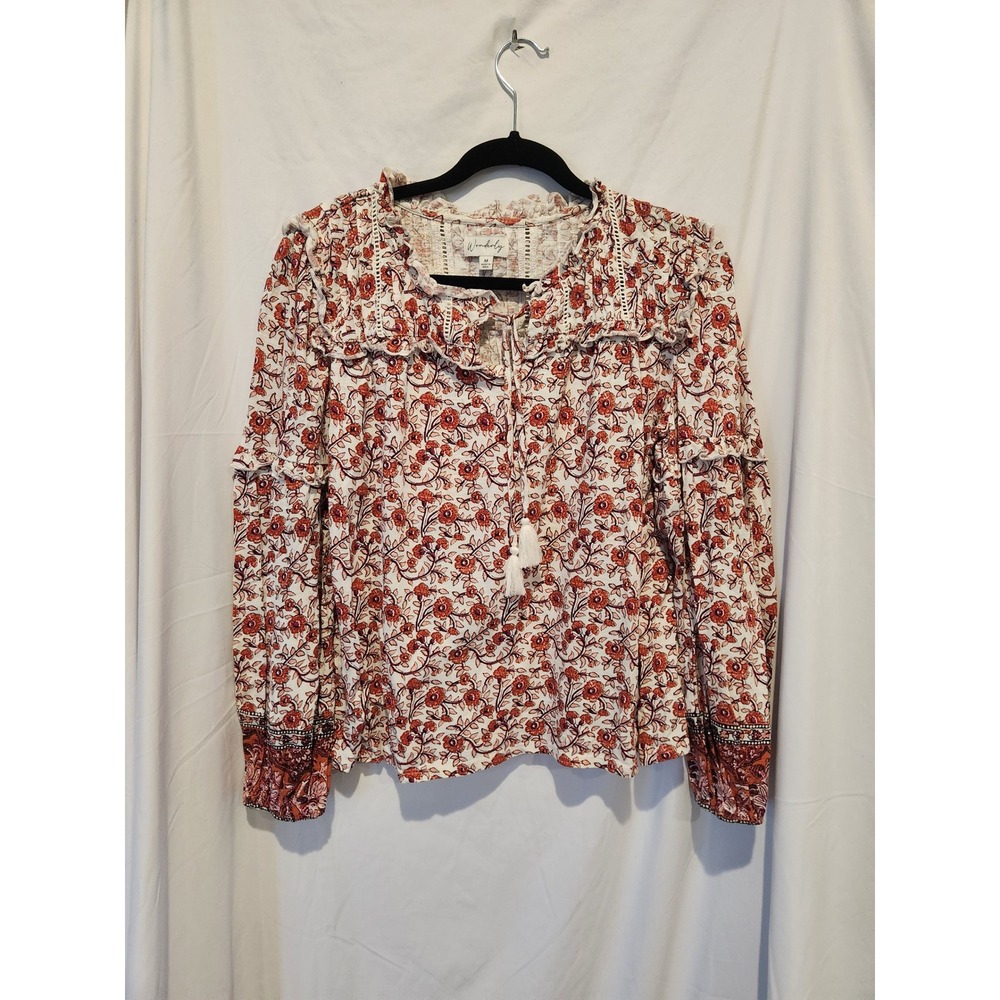 Wonderly Womens Red Floral Tassel Peasant Blouse Ruffle Lace Trim Medium